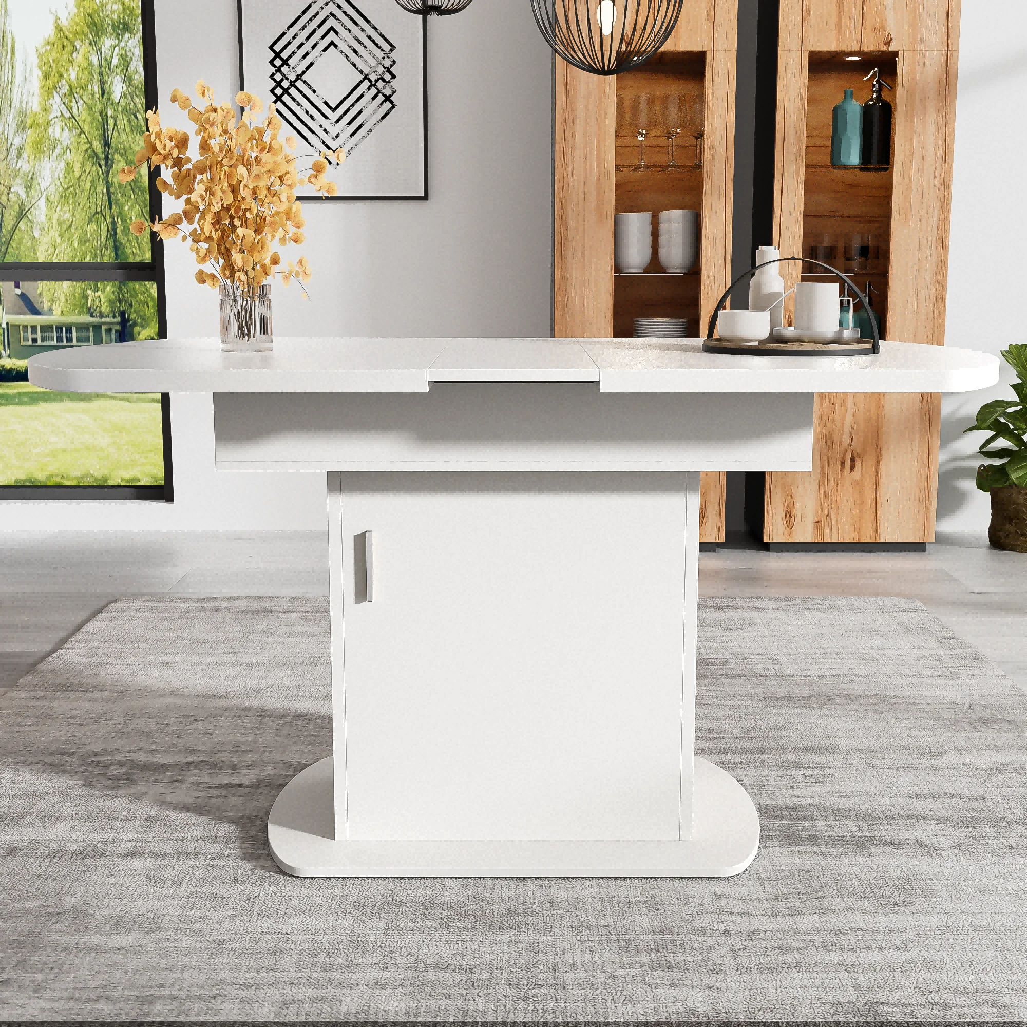 Esstisch, ovaler ausziehbarer Tisch, Küchentisch, Kaffeetisch, L110/130×B70×H75cm, minimalistischer Tisch mit Stauraum und silbernem Griff, weiße Ausführung, platzsparendes Multifunktionsmöbel für