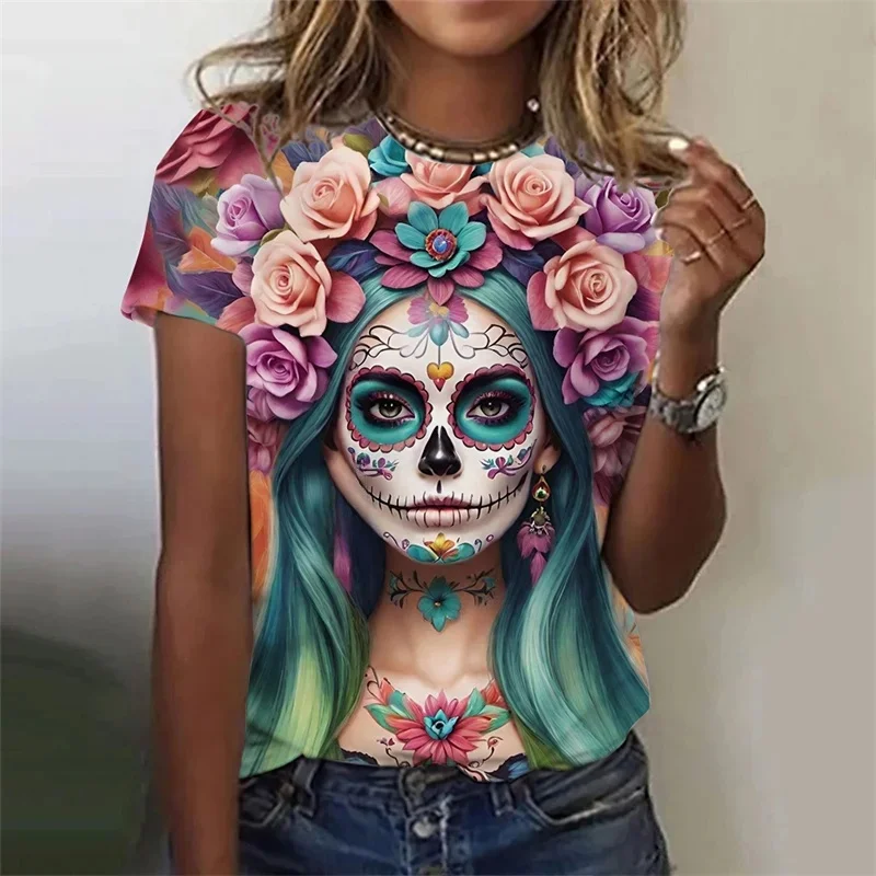 3D Printed Sexy Girls T Shirt For Women Horror Undead Skull Pattern Tees Summer Casual O-Neck Tops Short Sleeves Loose T-Shirts — zdjęcie 2
