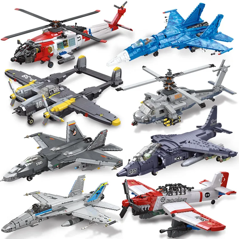 

Military WW2 Warship MH-60T Rescue Helicopter P38 J31 Aircraft Model Building Blocks Army AV-8II Airfighter Bricks Toys Kid Gift