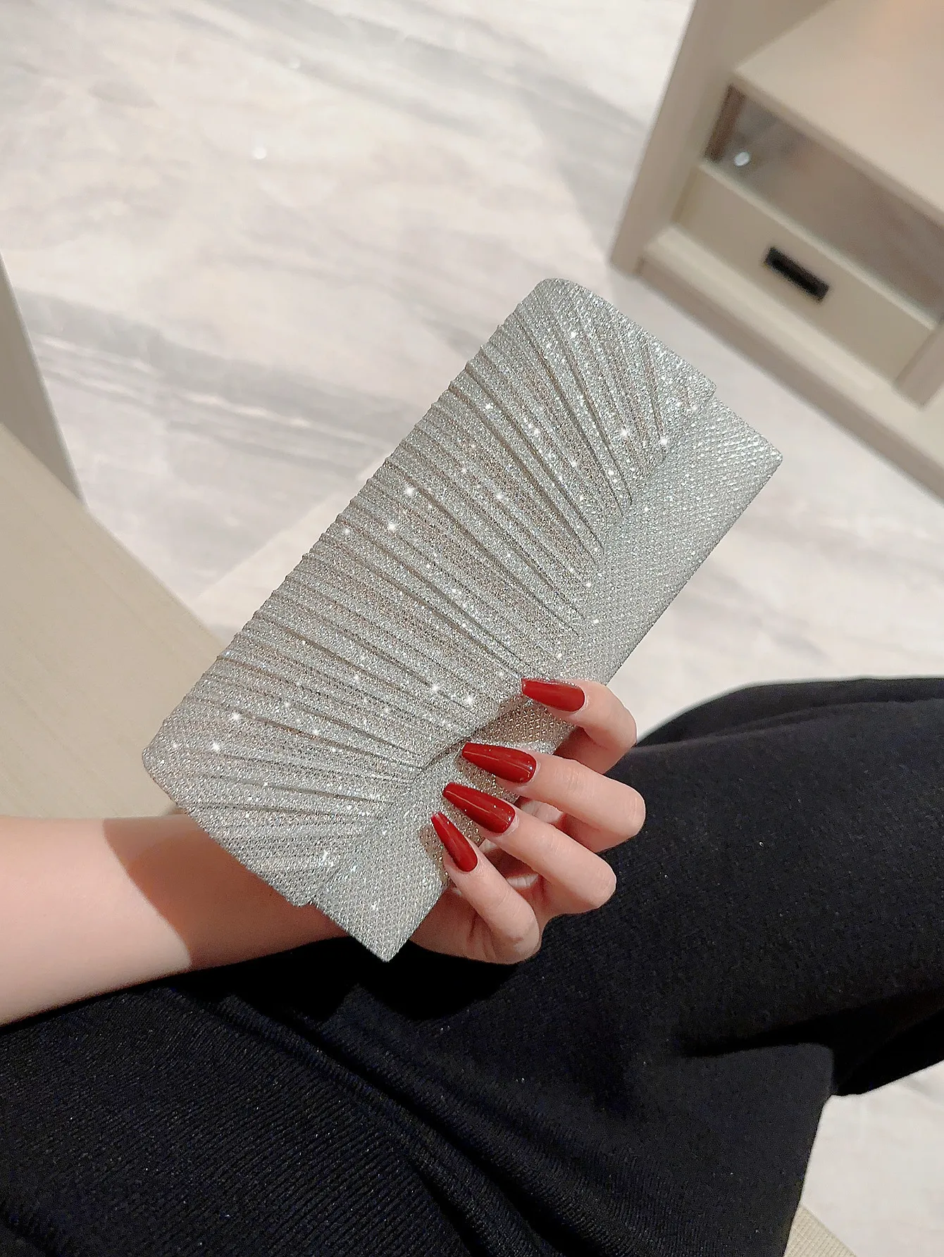 Women Lady Female Silver Evening Dinner Clutch Shimmering Elegant Bag Shoulderbag Handbag Glitter Purse Party Coctail Wedding