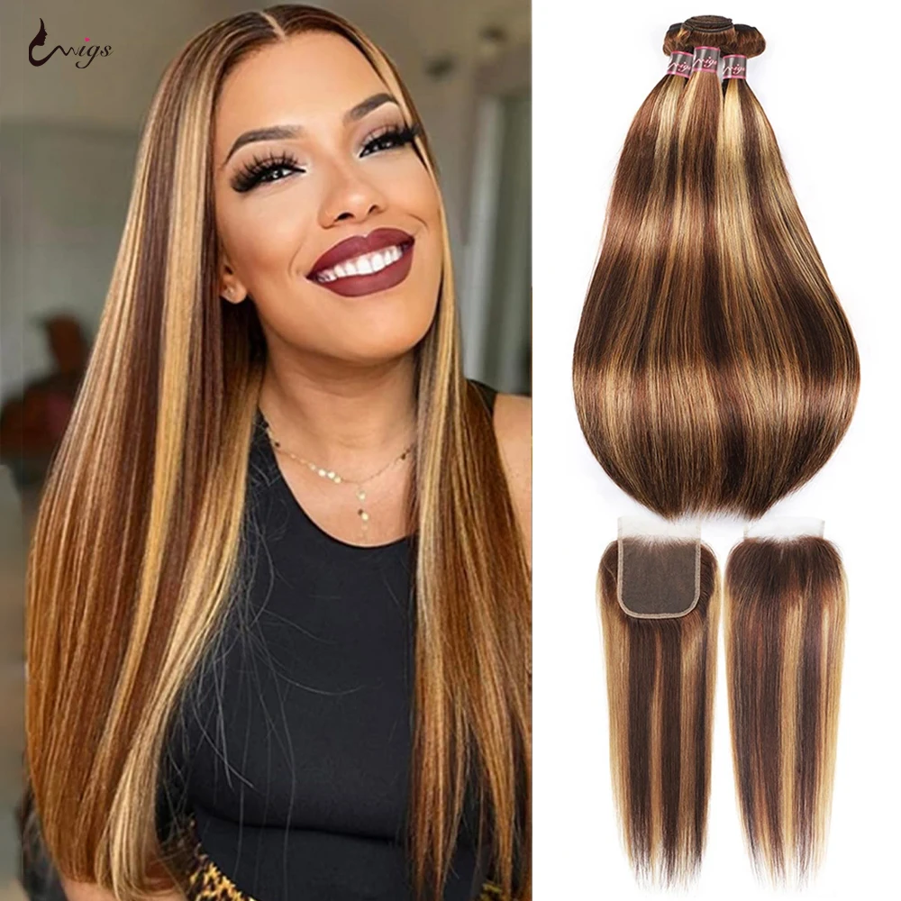 

Uwigs Highlight Straight Bundles With Closure Human Hair Bundles With Closure Transparent Lace Closure Brazilian Hair Bundles