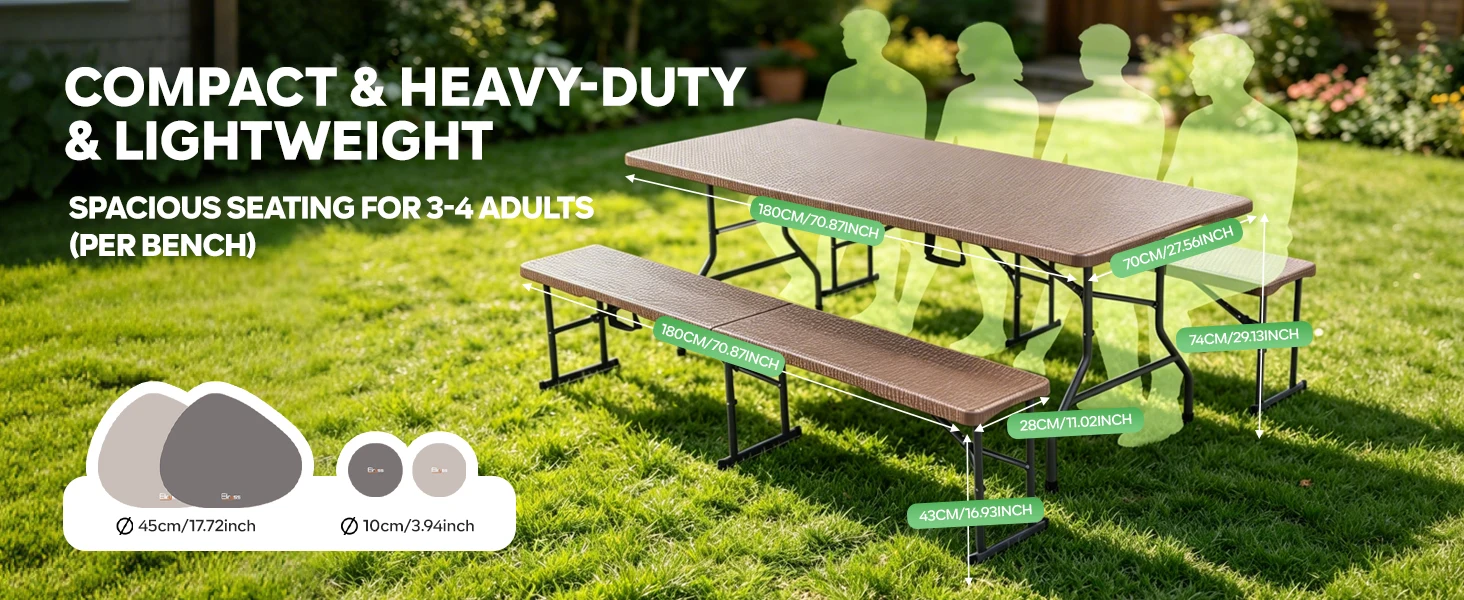 Klappbarer Tisch + 2 Bänke Set 180cm, Outdoor Campingmöbel HDPE Rattanoptik, Eisenrahmen, Tragfähigkeit 150kg/400kg, Klappbar Für Garten Terrasse Picknick – Detail 2