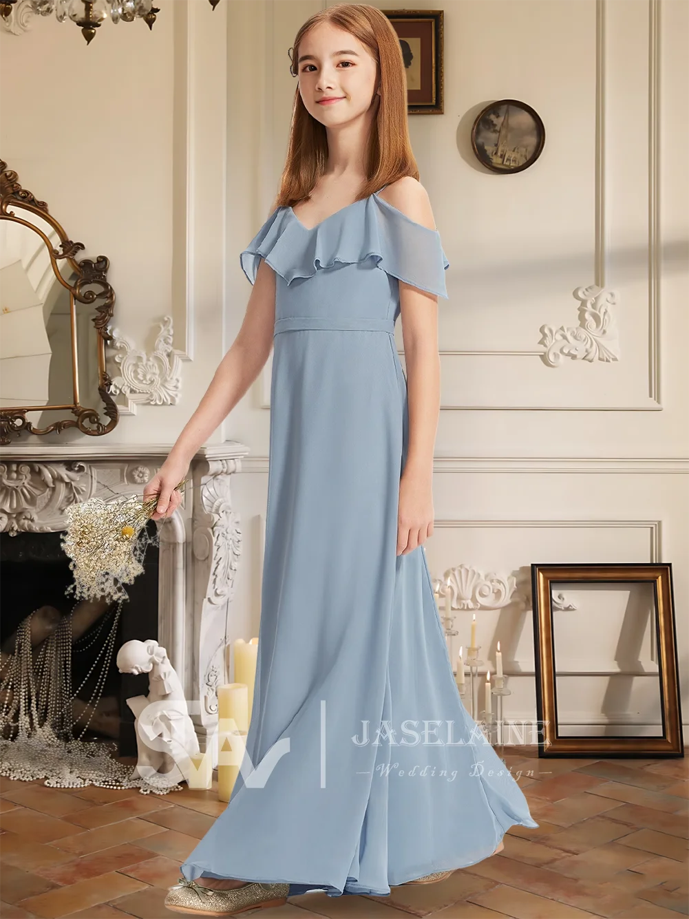 Прекрасные трапециевидные платья с V-образным вырезом длиной до пола, платья для подружек невесты, шифоновое платье с короткими рукавами для девочек-цветочниц, специальная свадебная вечеринка для девочек