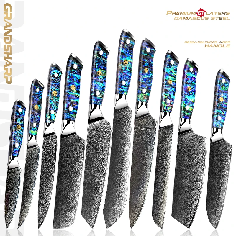 10 PCS Chef Knife Set Japanese Damascus Steel Santoku Utility Cleaver Bread Paring Slicing Professional Kitchen Knives Cutlery