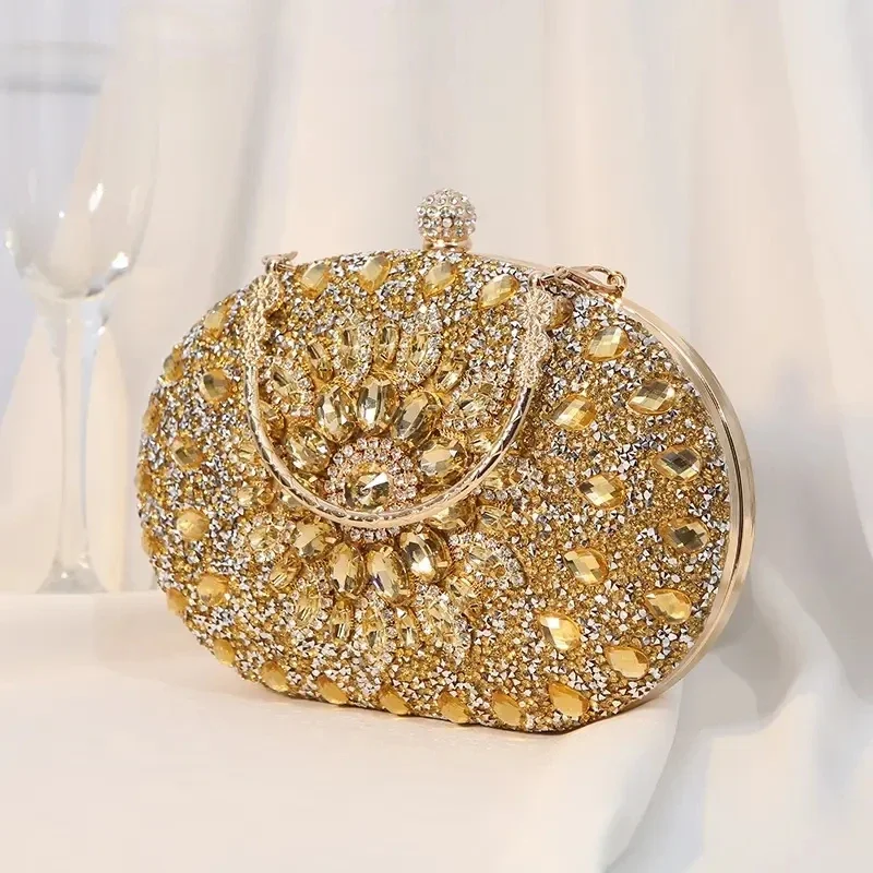 Złote okrągła torba luksusowe markowe kopertówki z kryształami górskimi dla kobiet 2024 kryształowe torebki na przyjęcia diamentowe designerskie torebki Crossbody — zdjęcie 2