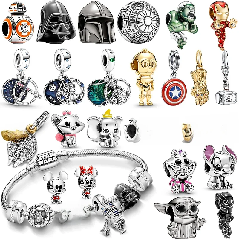 Pingente de Charme Fit Pulseira Pandora Original, 925 Banhado A Prata, MINISO Marvel Star Wars