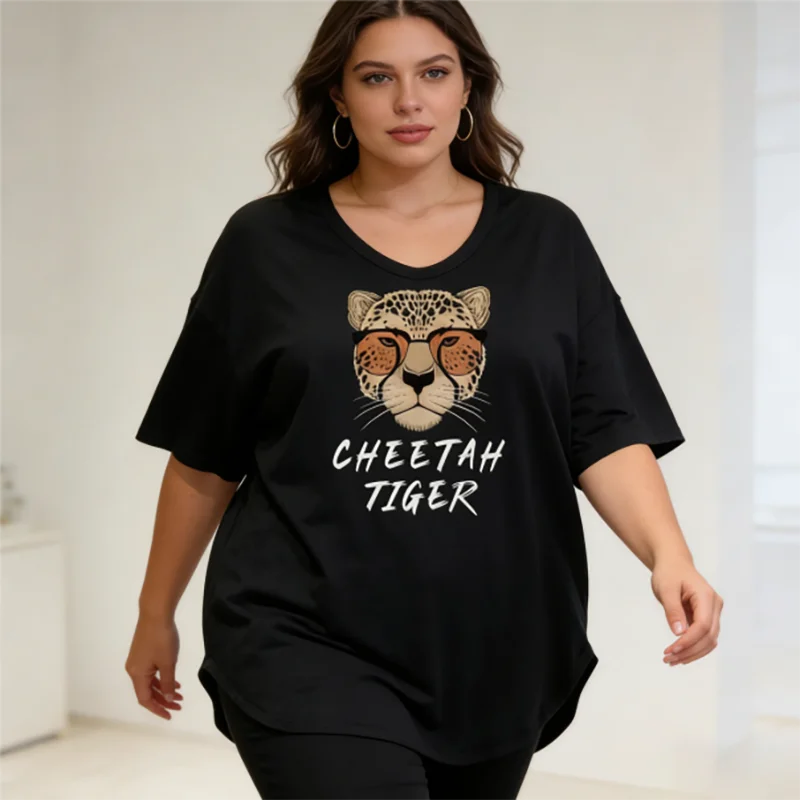 T-shirt da donna con grafica leopardata carina taglie forti 40-150 kg T-shirt casual estiva allentata oversize con stampa tigre ghepardo