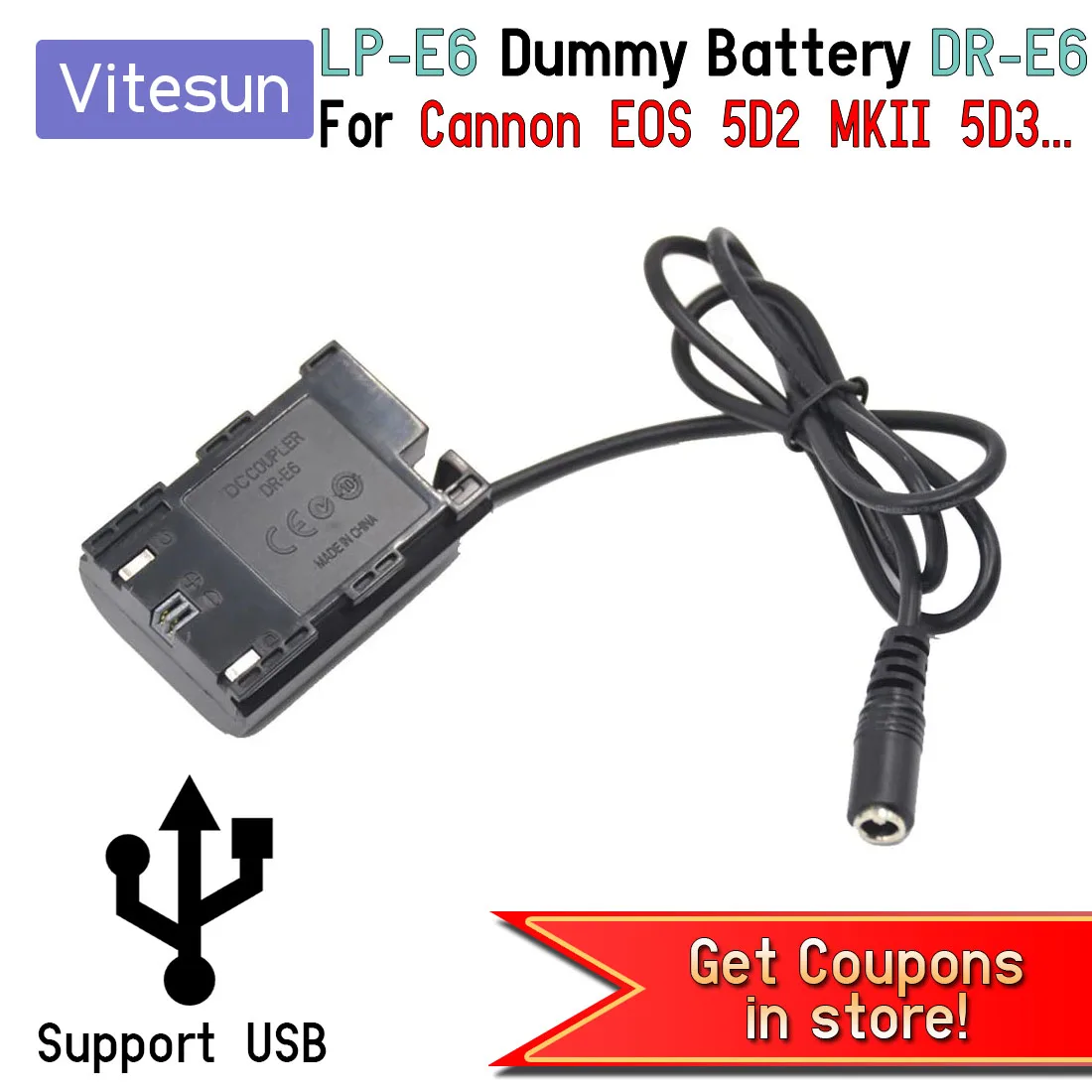 LP-E6 Decoded Dummy Battery DR-E6 DC Connector Power Adapter Replace Grip for Canon EOS 5D Mark II III 5D2 3 6D 7D 60D 70D 80D