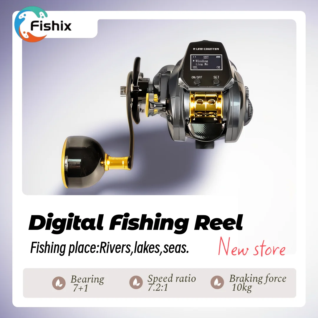 

FISHIX Large Screen Digital Reels with Single Metal Handle Bearing 7+1 Speed Ratio 7.2:1 Fishing Reel with Electric Count Wheel