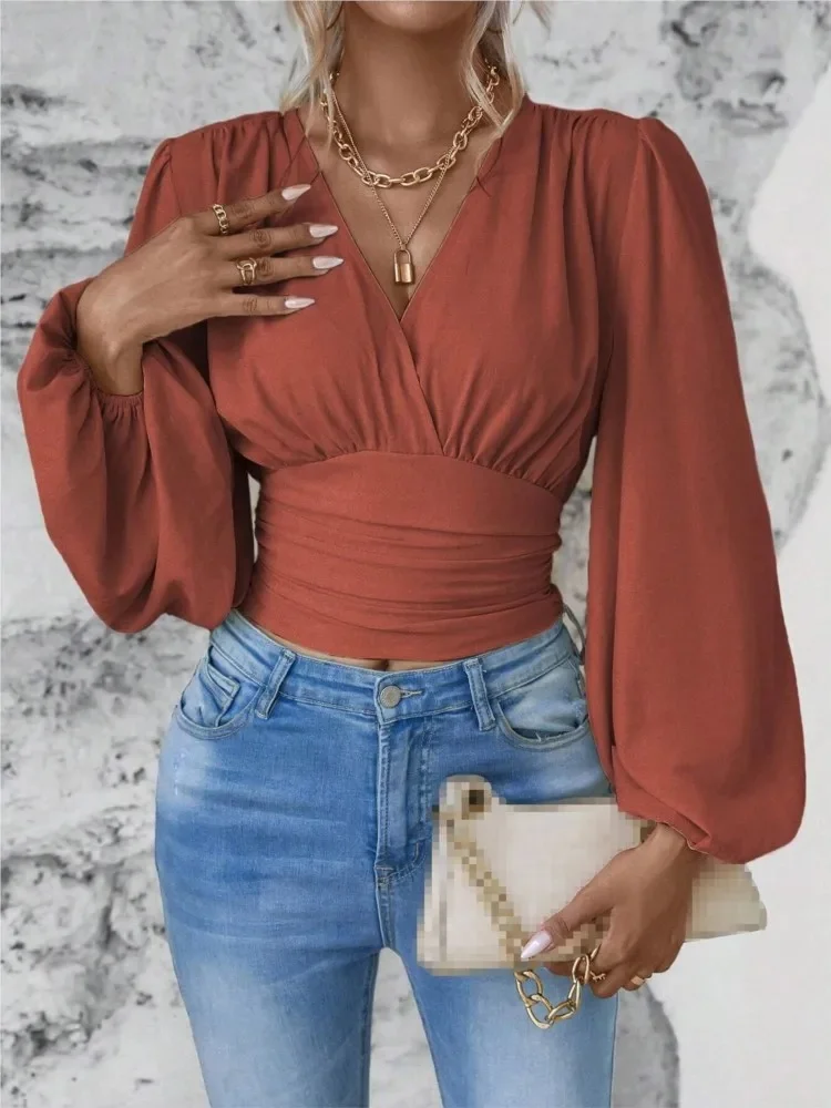 Haut à manches longues froissé pour femmes, nouvelle Collection de taille à la mode, Sexy, col en v, manches longues, couleur unie, printemps automne 2024