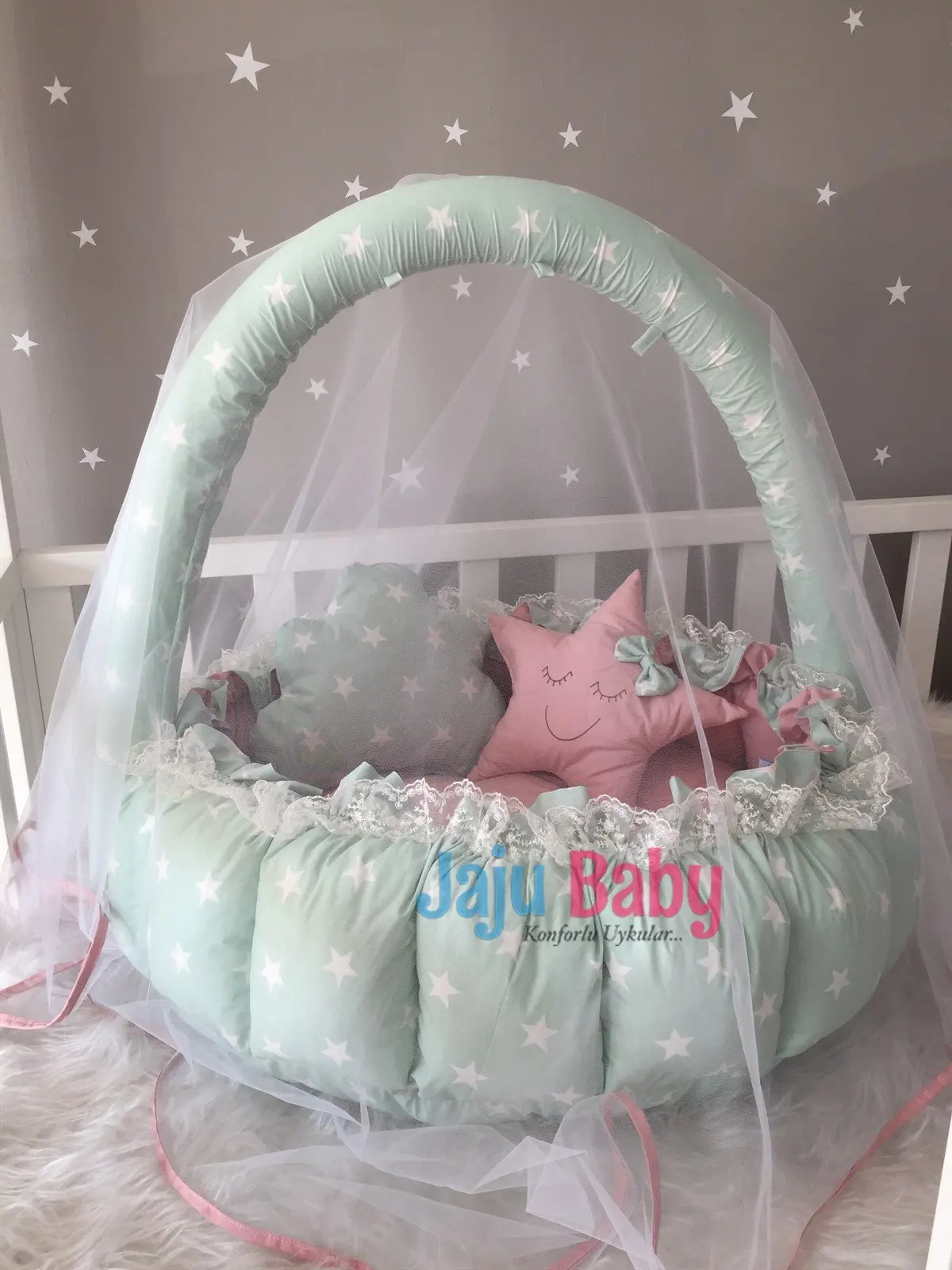 

Handmade Green Star Patterned Design Luxury Play Mat Babynest Mosquito Net Tulle Toy Apparatus Set