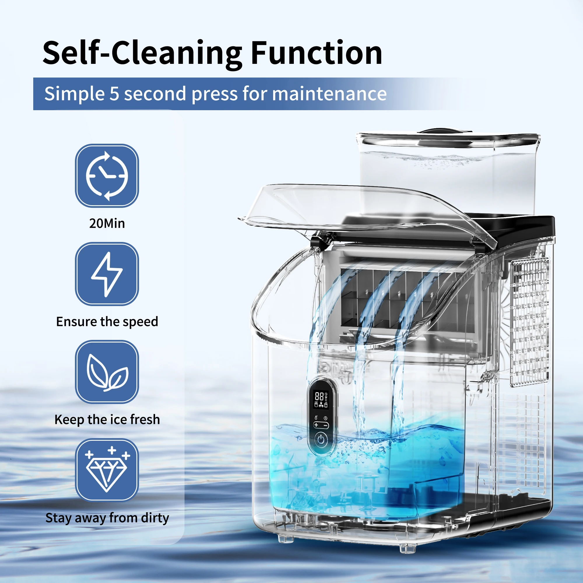 ICEGLEE Macchina per cubetti di ghiaccio con serbatoio dell'acqua esterno da 34 libbre, 16 pezzi pronti in 13 minuti, 2 modi per aggiungere acqua per la cucina domestica, l'ufficio