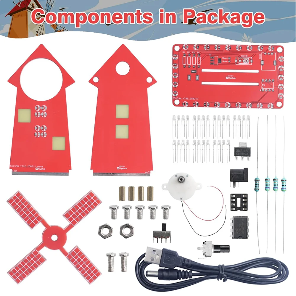 DIY Windmill Soldering Practice Kit Electronic Solder Project with LED Flashing Light Adjust Rotation Speed for Beginner STEM