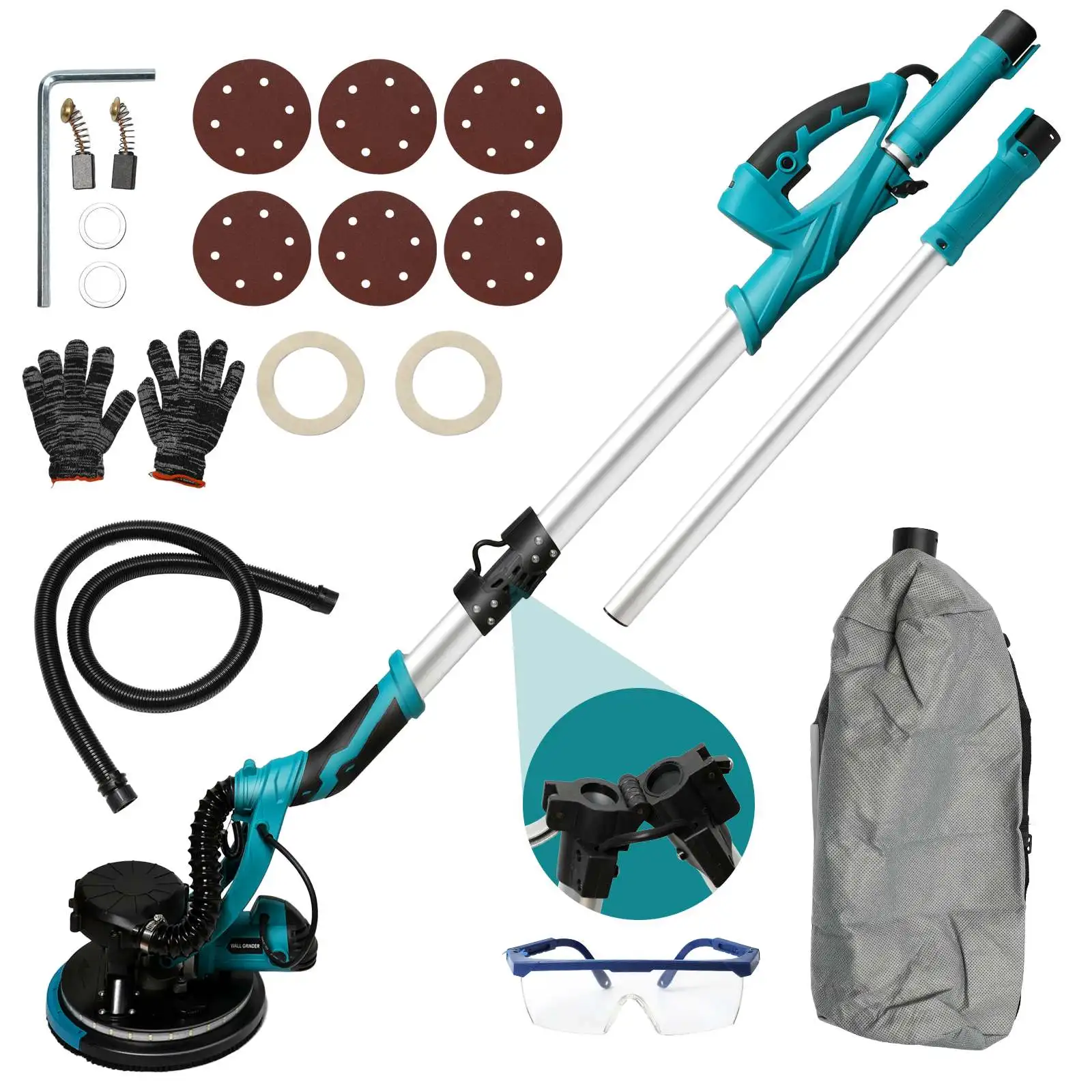 1250W Electric Drywall Sander with Vacuum 800-1800RPM Floor Sander with Foldable & Extendable Handle Abrasive Polishing Tool