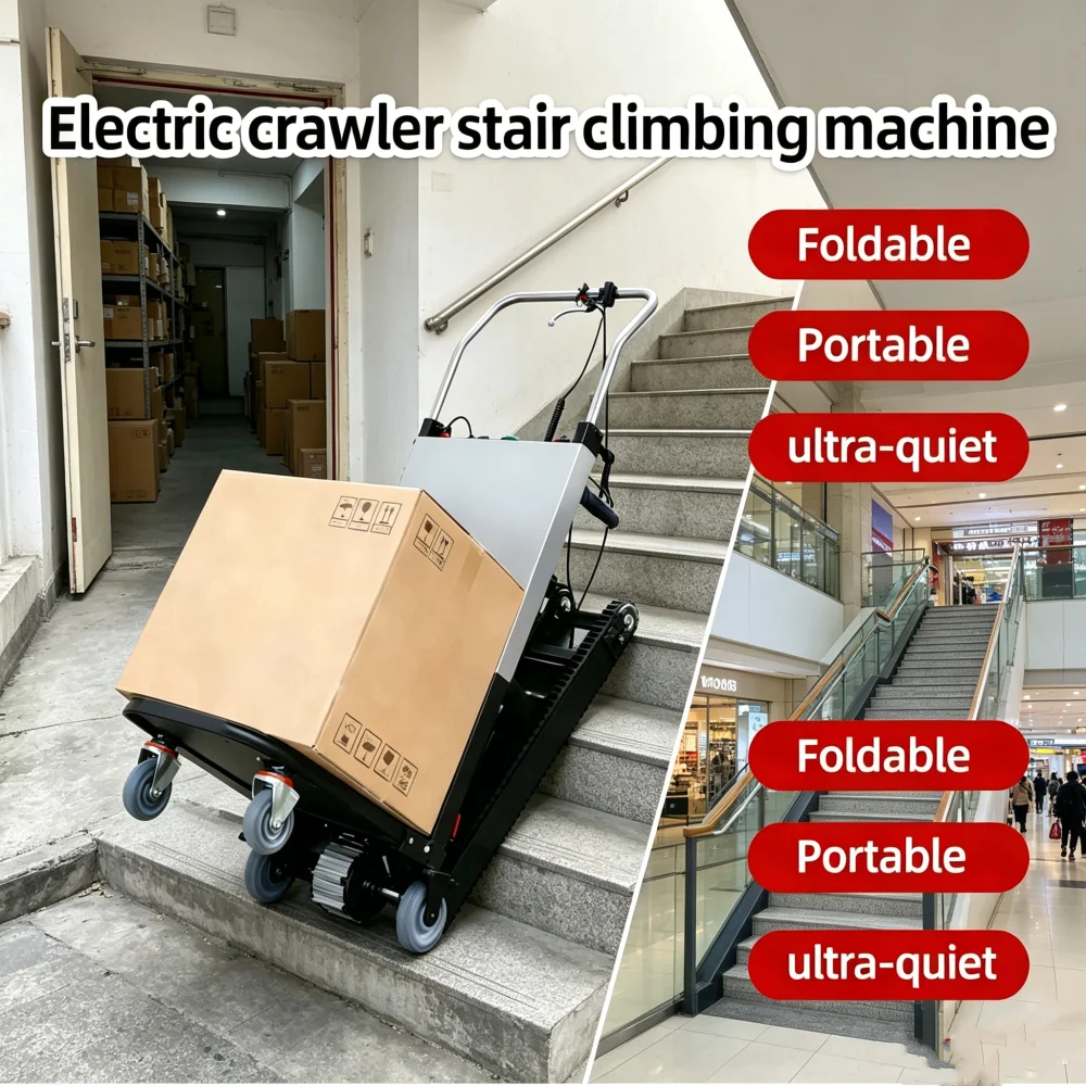 Le dernier modèle 2026 de monte-escalier électrique sur chenilles ; alimenté par batterie, avec une capacité de charge de 200 kg et capable de monter les escaliers.