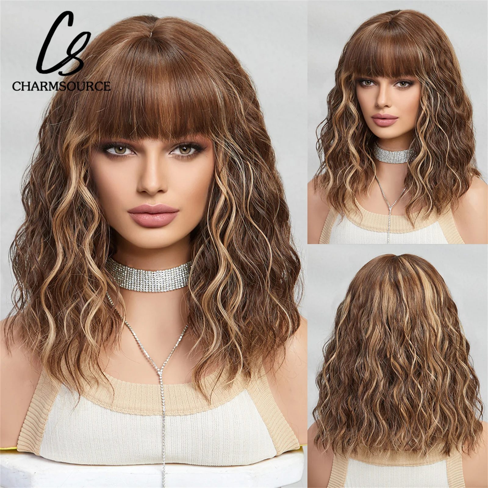 

CharmSource Short Natural Wave Curly Brown BoB Hair Wig Highlight Blonde Synthetic Wigs Bangs for Women Daily Party High Density