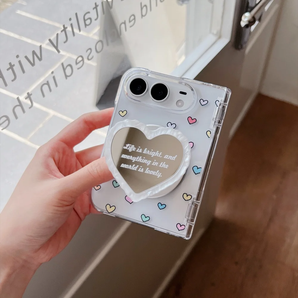 Korea Ins Sweet Colorful Heart‑Shaped Phone Case for iPhone Duo Cover with MagSafe Mirror Holder Cute Anti‑Fall Protective Cases