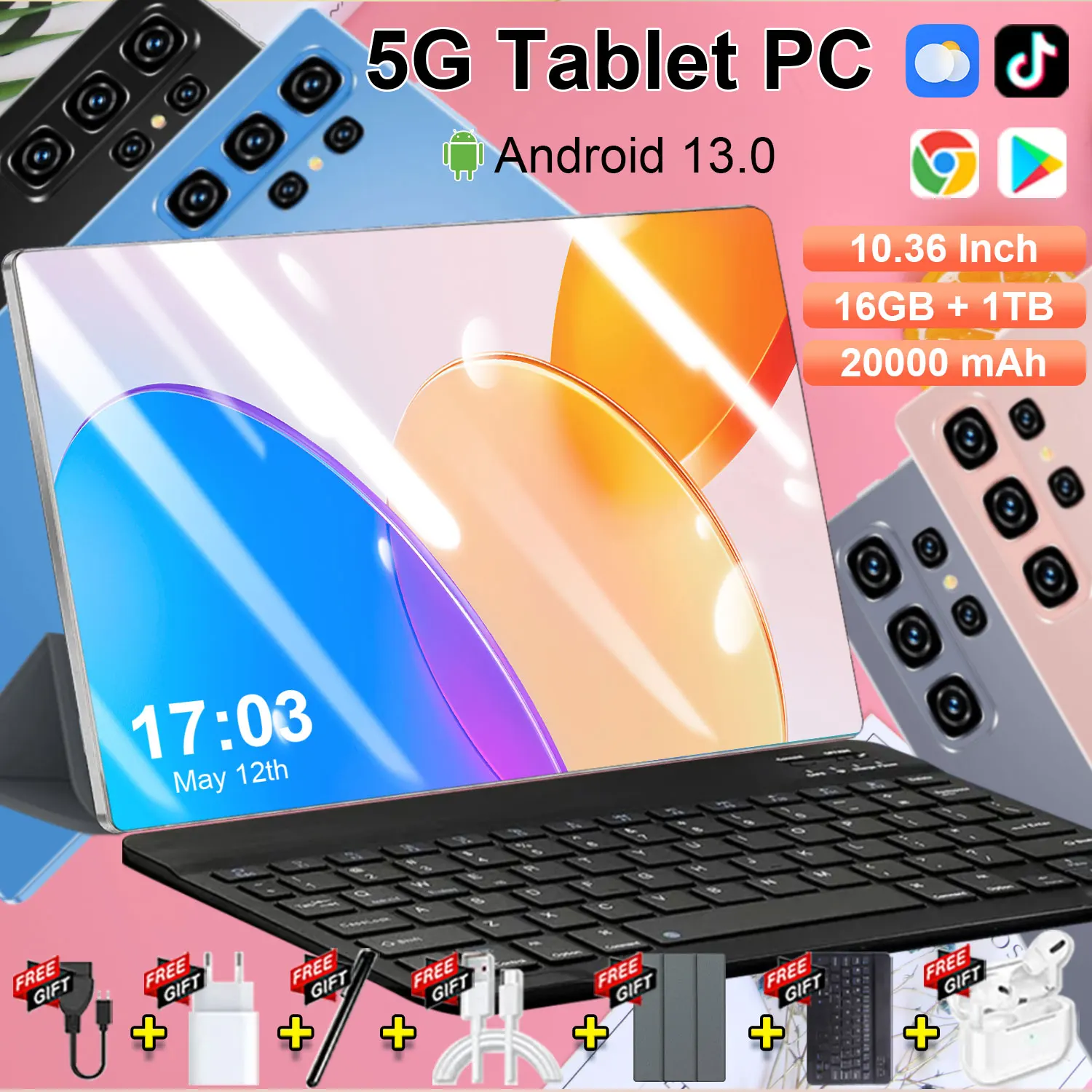 Tablette 10,36 pouces 20000mAh 16 Go + 1 To 14 cœurs Double carte SIM Caméra 16MP + 32MP WiFi 5G Android 13.0 GPS WPS Office