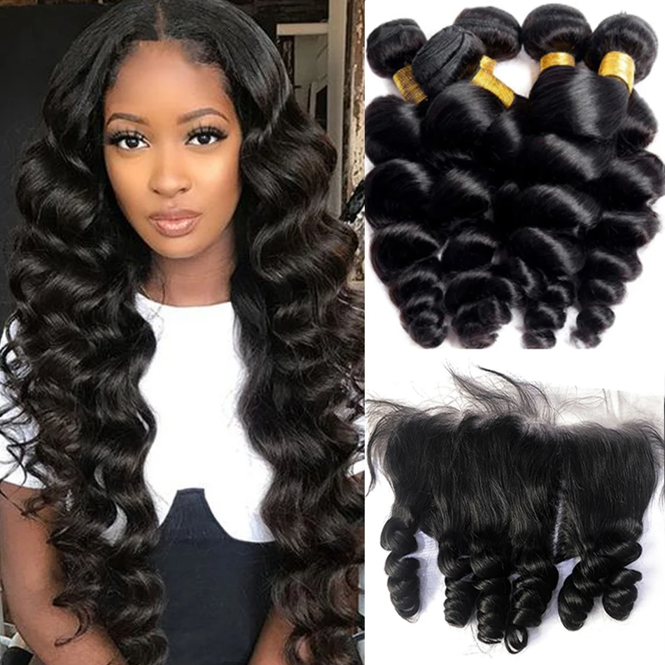 12A Mongolian Loose Deep Wave Bundles With Frontal Raw Virgin 100%Human Hair Weave 3/4Bundles With Swiss Lace Closure 13X4 Loose