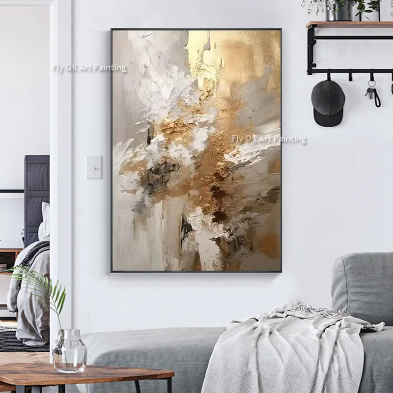 100% Hand Painted Abstract Gold Foil Oil Painting 3D Heavy Texture Canvas Wall Art Luxury Neutral Pictures for Living Room Decor