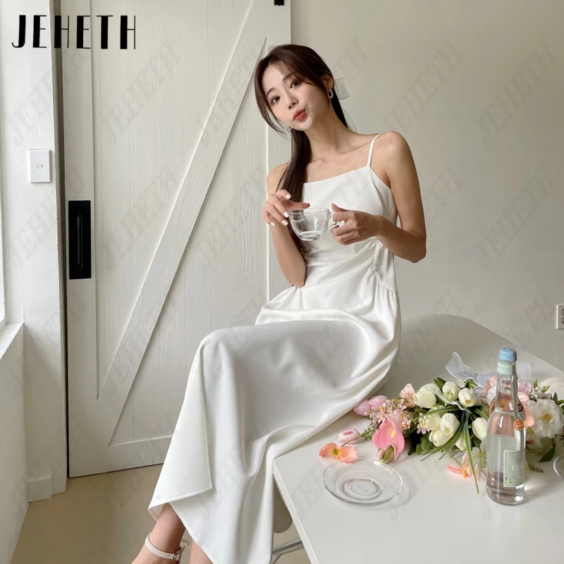 JEHETH Pleat Square Neck Korea Bridal Gown Women Spaghetti Straps Simple Wedding Dress A-Line Satin 웨딩드레스 Photography Tea-Length