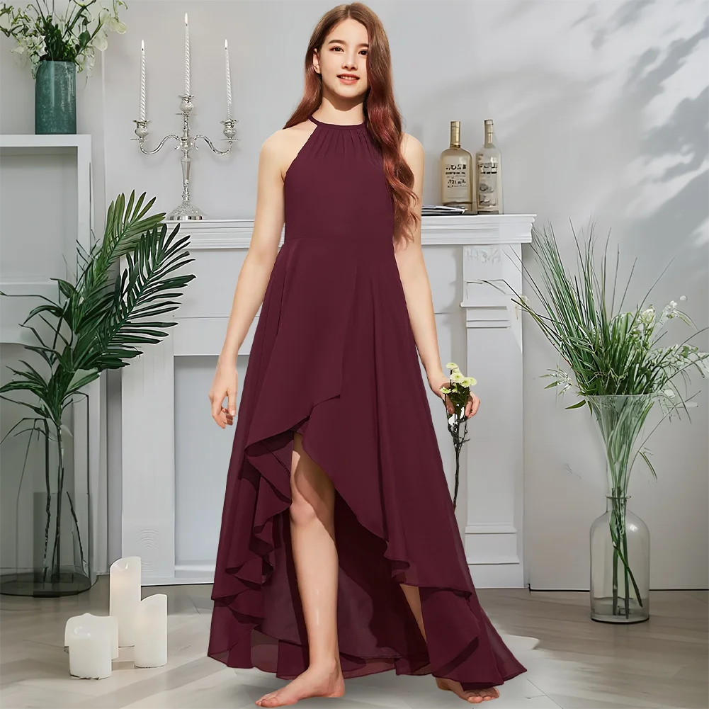 

A-line Halter Asymmetrical Chiffon Junior Bridesmaid Dress Cabernet Elegant Flower Girl Dress for Summer Communion Party Events