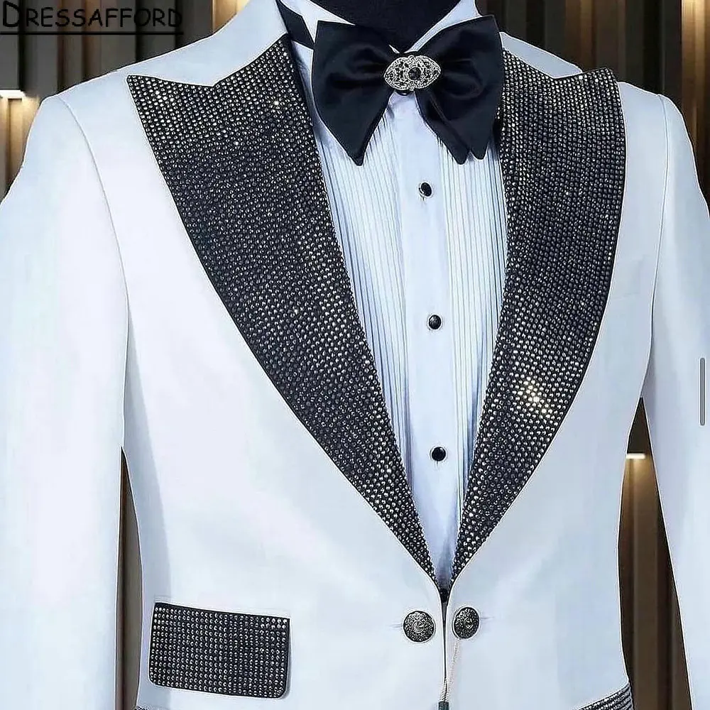 White Groom Wear Formal With Crystal Men Suits 2 Piece Jacket And Pants Sets Smart Casual Business Blazer