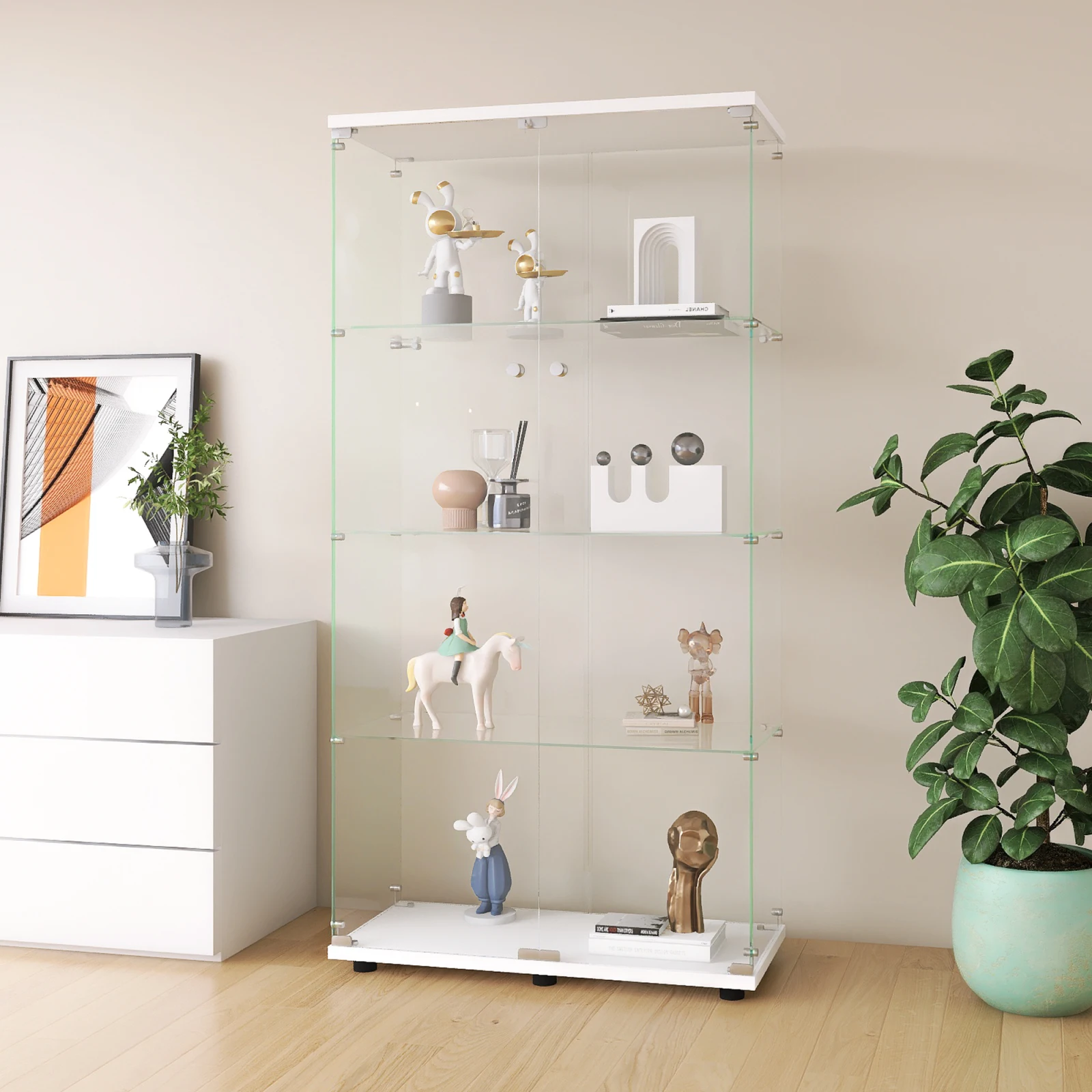 Moderne Glasvitrine mit 2 Türen und Schloss, Glas-Ausstellungsschrank für Sammlungen, für Wohnzimmer, Schlafzimmer, 80,5x36,5x164,5cm