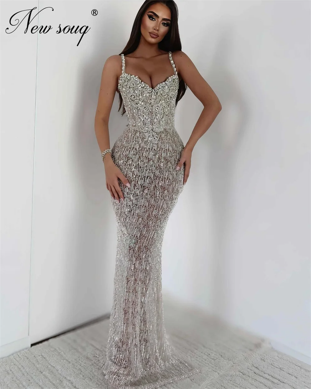 

Customized Silver Beading Party Dresses For Weddings Robes De Soiree Spaghetti Straps Mermaid Prom Gowns Crystals Evening Dress