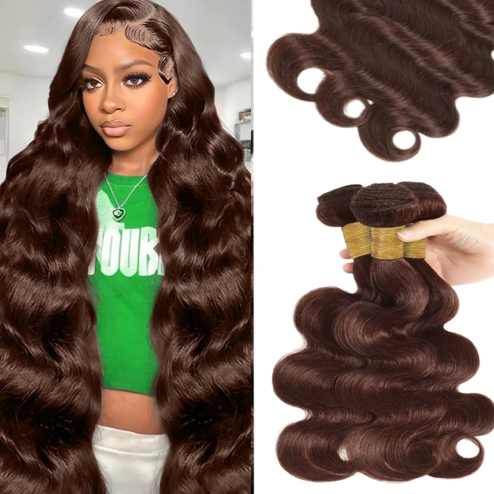 

# 4 коричневых пучка человеческих волос, объемная волна 1, 3 пучка, шоколадные необработанные бразильские пучки натуральных волос, наращивание человеческих волос