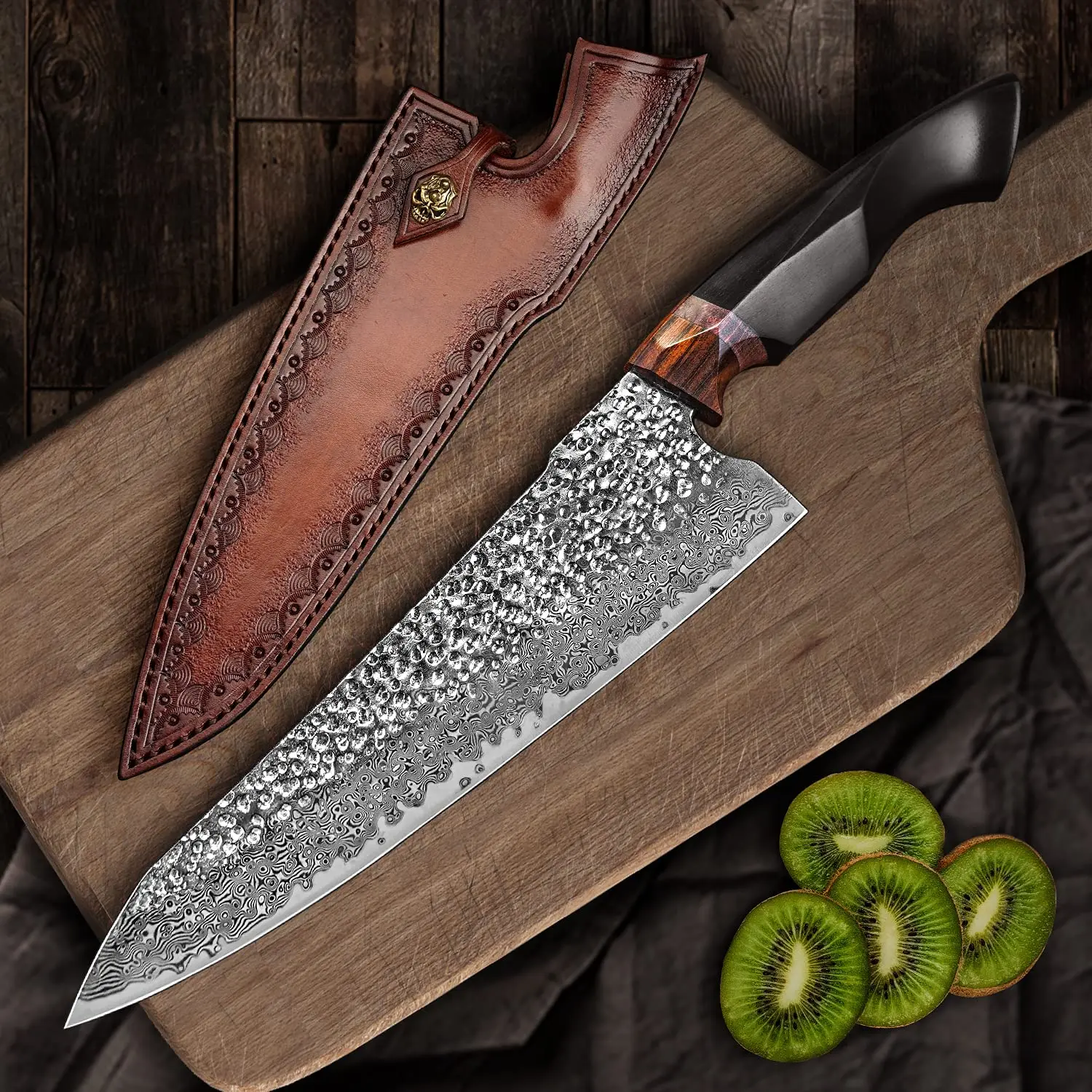 FZIZUO SpiritDeed Layered Damascus Kitchen Knife – VG10 Steel Core, Ebony Wood Handle, High Hardness 60-62 HRC, Home Cooking Kni