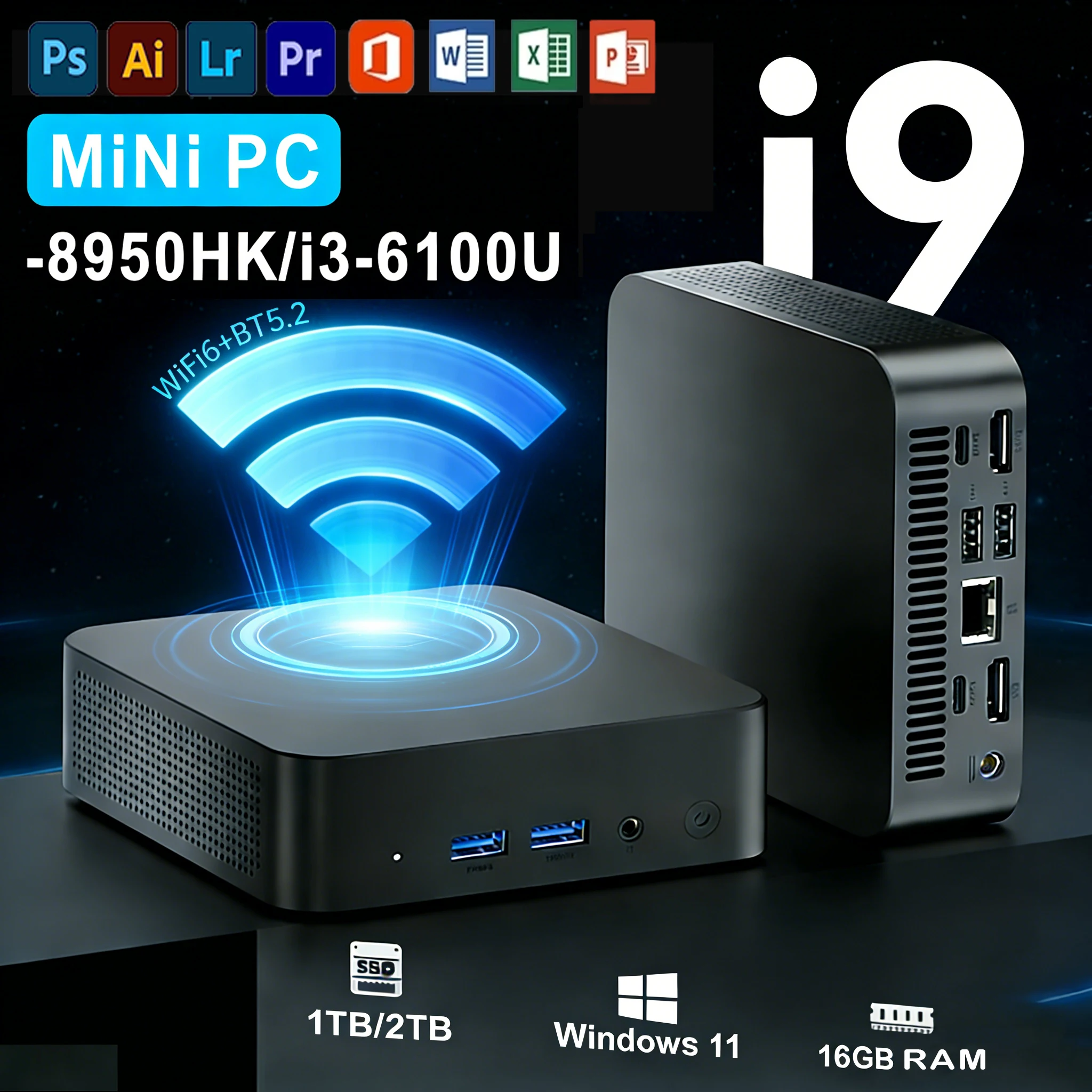 Mini PC i9 con Windows 11, Intel Core I9 8950HK, Mini PC i9 con Intel i3 6100, 16 GB de RAM, SSD de 1/2 TB, WiFi 6, Mini Ordenador con Pantalla de 3 Pantallas