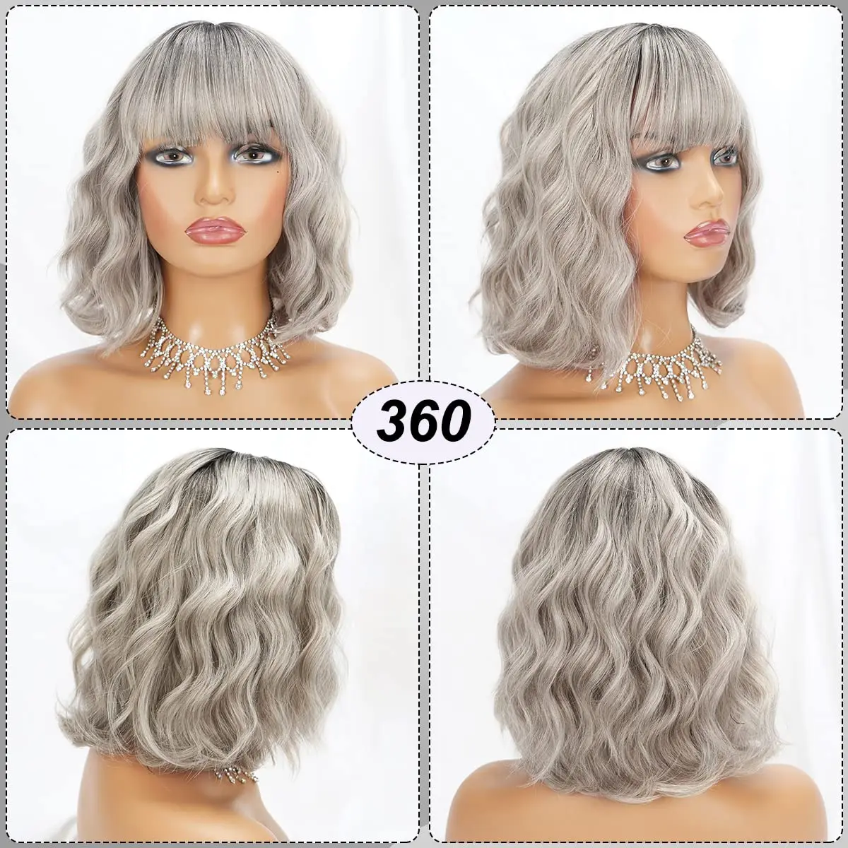 Short Wavy Bob Wig with Bangs Grey Wigs Natural Ombre Silver Wig Synthetic Hair Shoulder Length Short Curly Wigs for Women