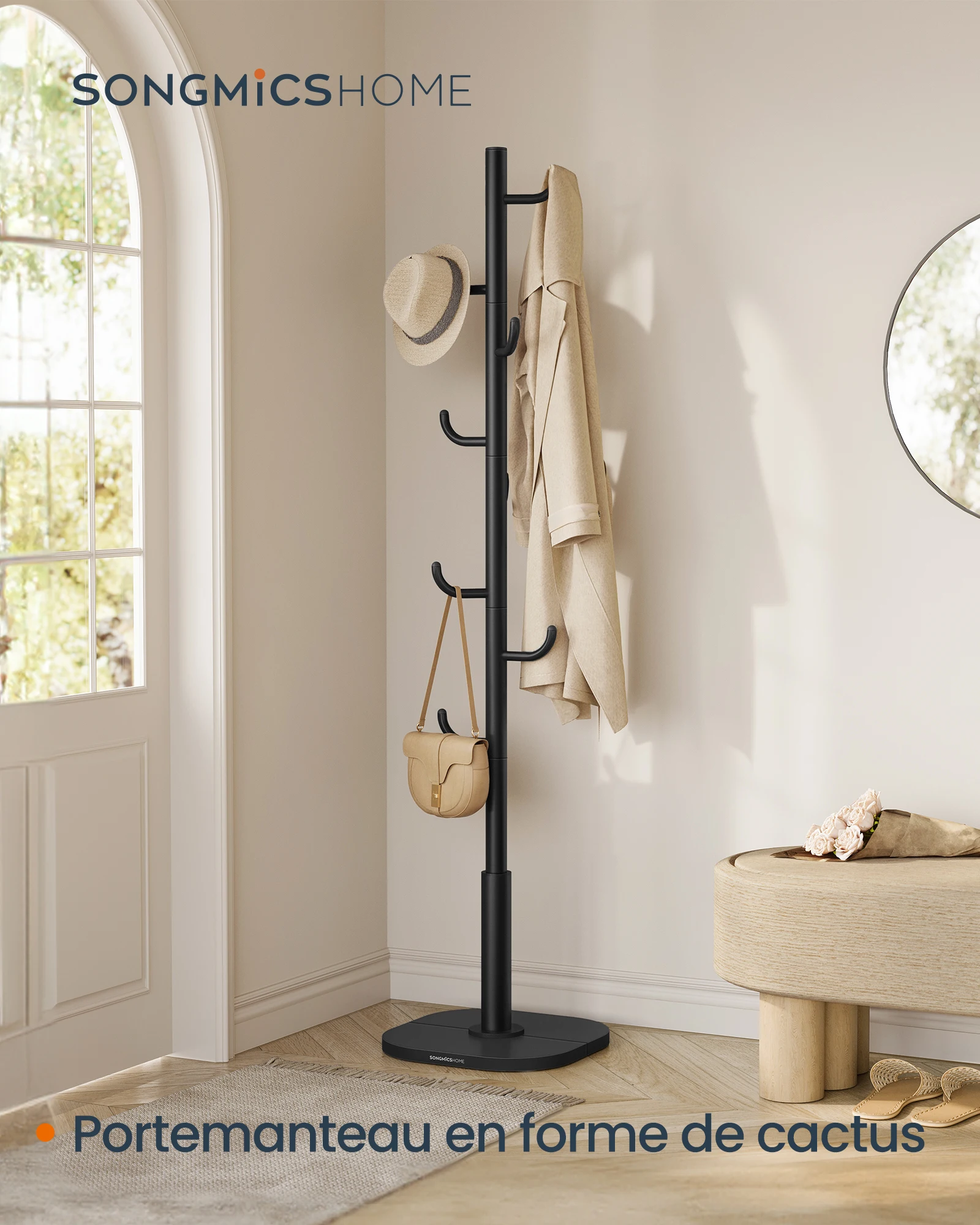 Portemanteau en Forme de Cactus, Porte-manteau sur Pied, 8 Crochets avec Extrémités Recourbées vers le Haut, Hauteur 175,3 cm, pour Vêtements, Chapeaux, Sacs