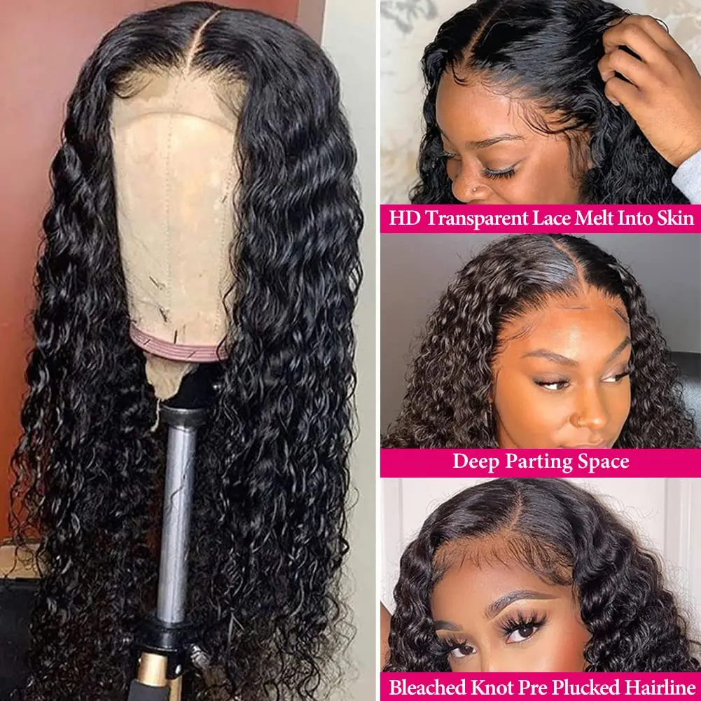 Deep Wave Lace Front Wigs Human Hair Glueless 4x4 HD Transparent Lace Closure Wigs for Black Women 150% Density