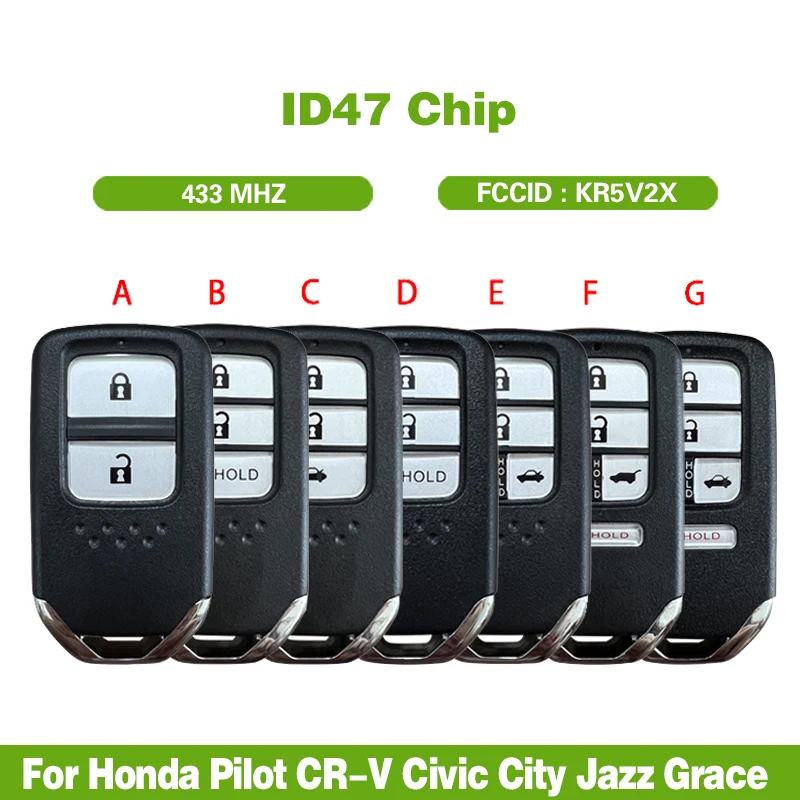 

2/ 3 /4 /5 Buttons Smart Remote Control Car Key 433MHz For Honda Pilot CRV Civic City Jazz Grace Odyssey Fit Fob KR5V2X