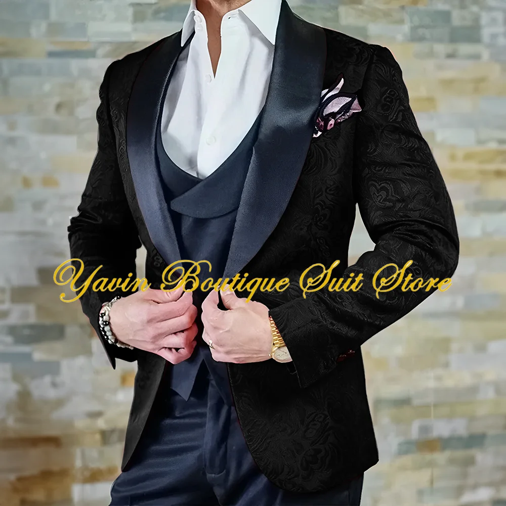 Jacquard Men's 3-piece Suit Set Floral Pattern Party Dress Formal Man's Tuxedo Elegant Men's Blazer Outfit