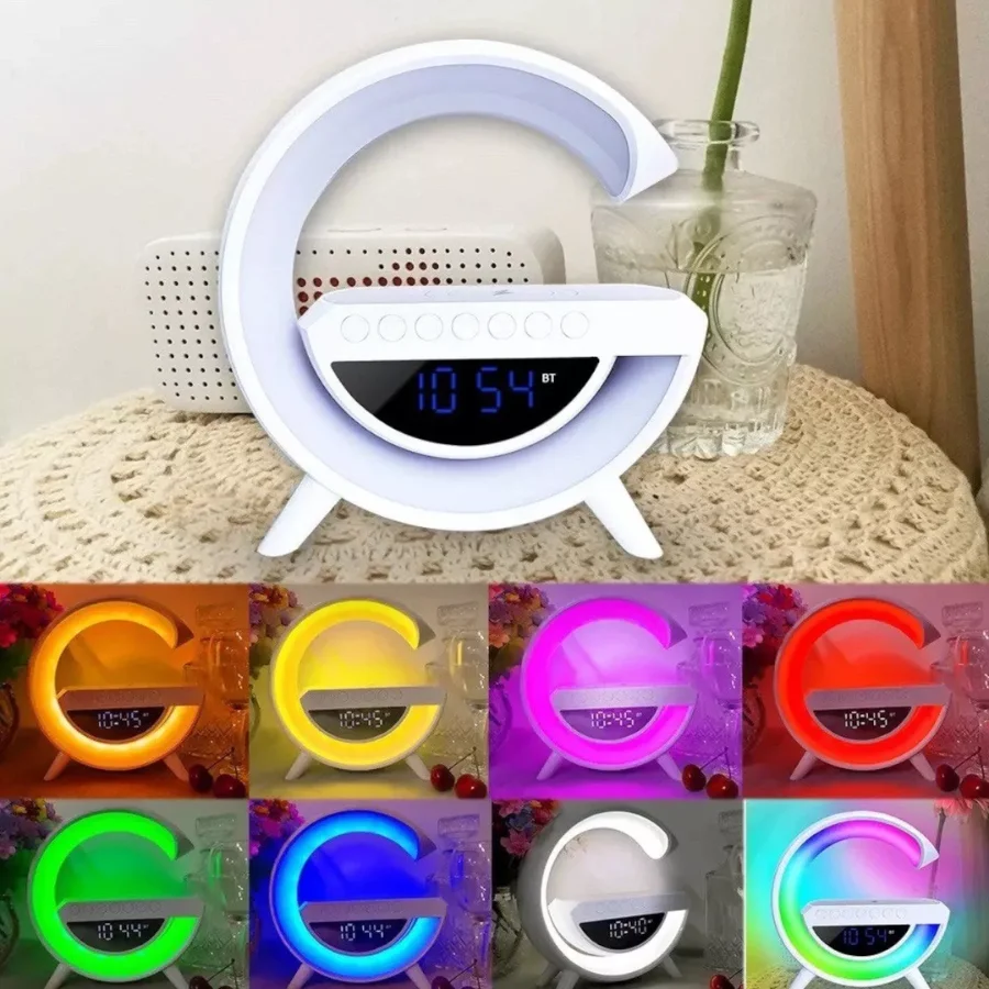 Despertador COM RELÓGIO em forma de G LED Multifuncional 6 em 1 Rádio Recarregador RGB Recarregamento de celular por indução