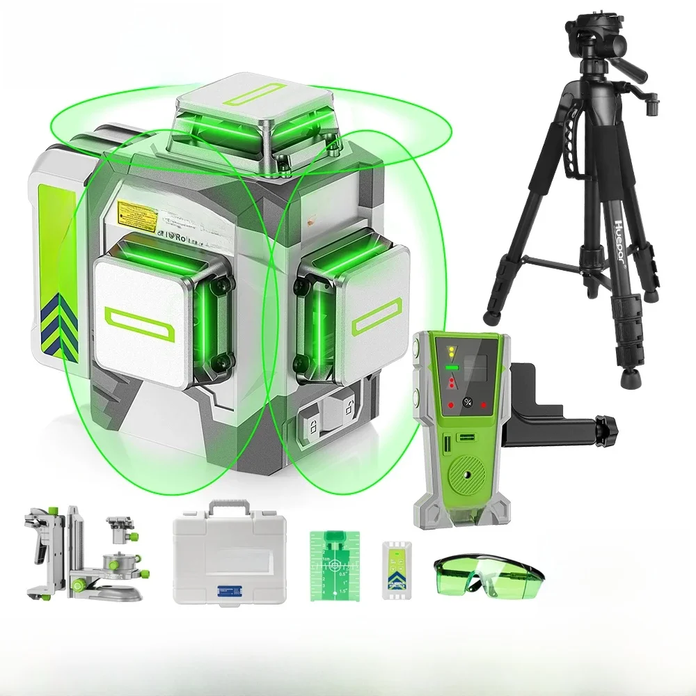 Huepar Pro 12-Linien-Grünlaser-Nivelliergerät, Kreuz, selbstnivellierend, ± 2 mm, hohe Präzision, mit Ferndetektor, Stativ für den Bau ZK03