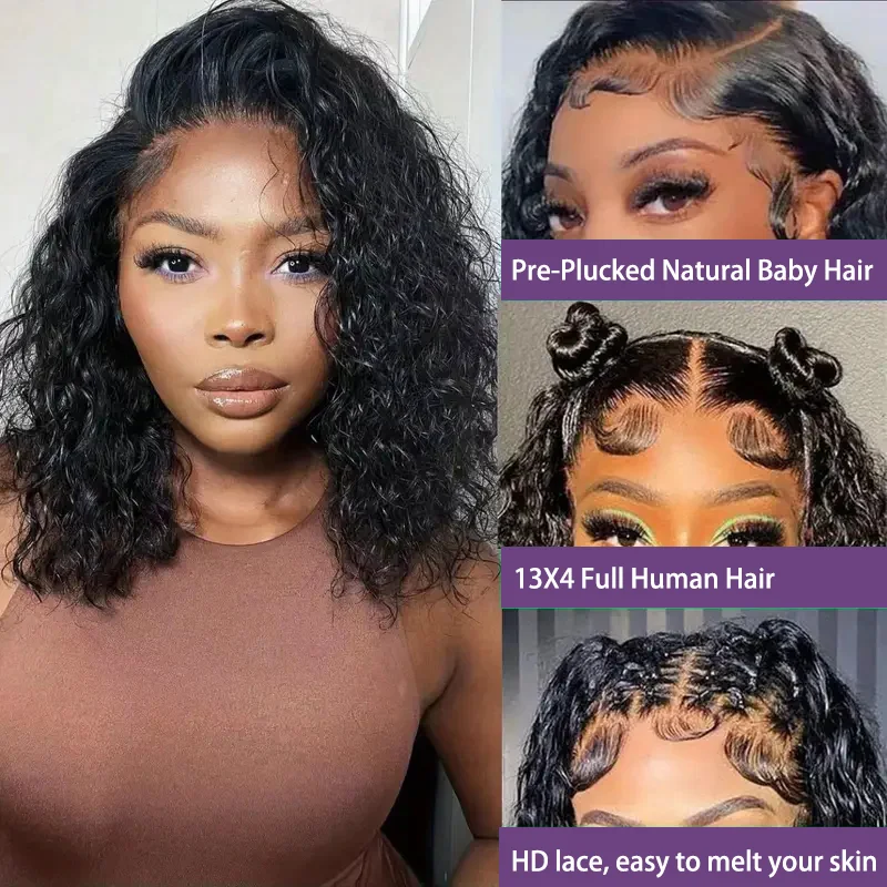 Deep Wave Short Bob Wigs For Black Women Human Hair Wig 100% Human Hair HD Transparent Lace Wigs PreCut Remy Natural Color