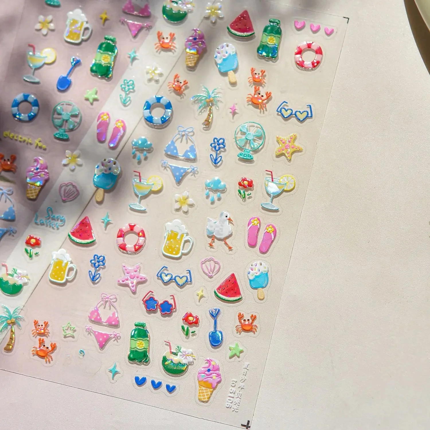 Coquille de plage anneau de bain Bikini pastèque chat crème glacée crabe lunettes de soleil cocotier fleurs Fruits été Nail Art autocollants décalcomanies