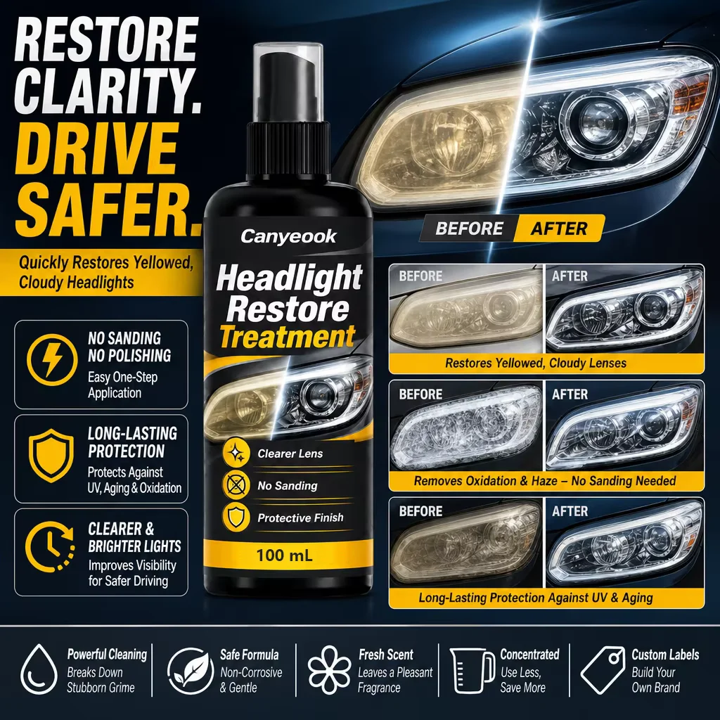CANYEOOK Car Headlight Repair Kit - Remove Yellow Oxidation Restore Crystal Clear Brightness Anti-Aging Coating 100ml