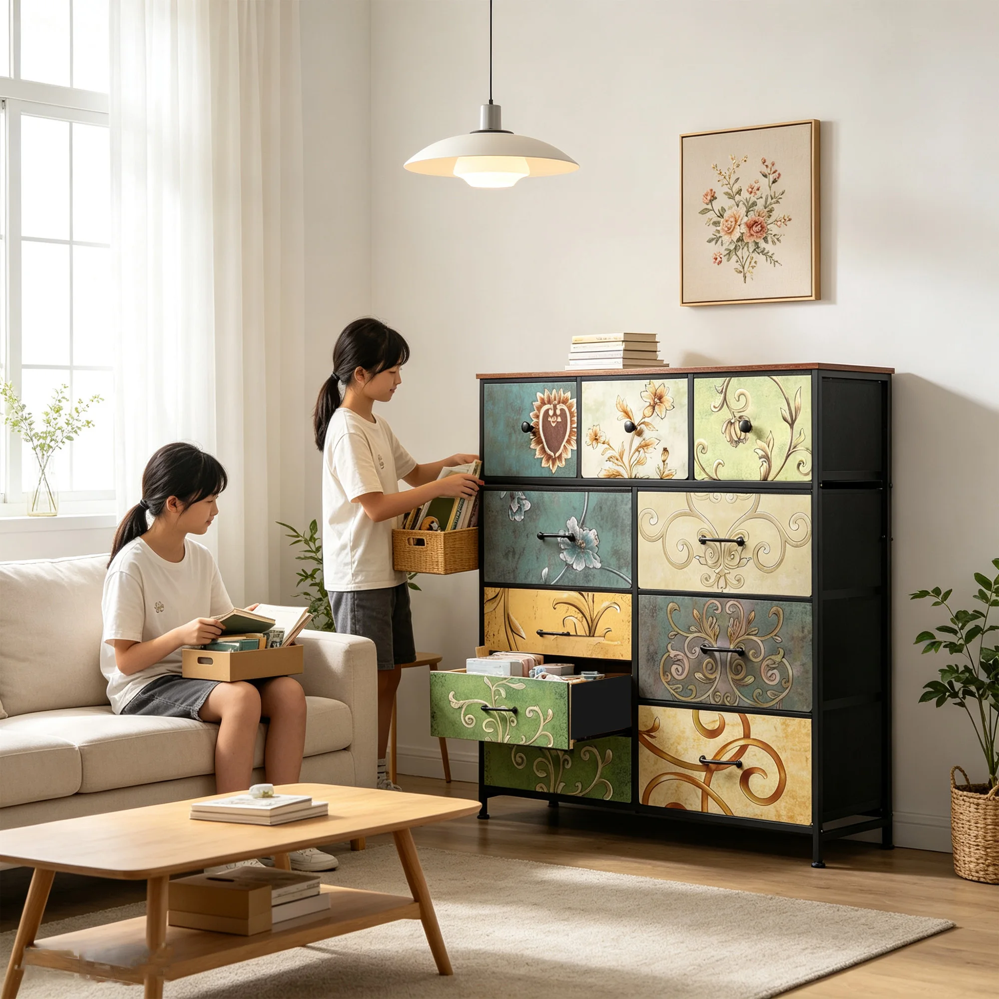 Commode Superaly avec 9 tiroirs en tissu, armoire de rangement avec structure métallique, meuble à tiroirs, buffet pour salon, chambre, entrée, multicolore
