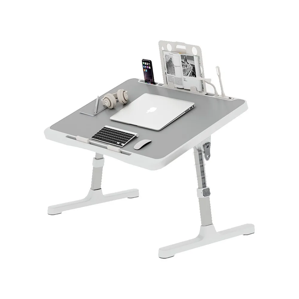 Table de Lit Pliante & Réglable en Hauteur - Support Tablette et Tiroir, Bureau Portable Ergonomique avec Cadre en Fer, Blanc