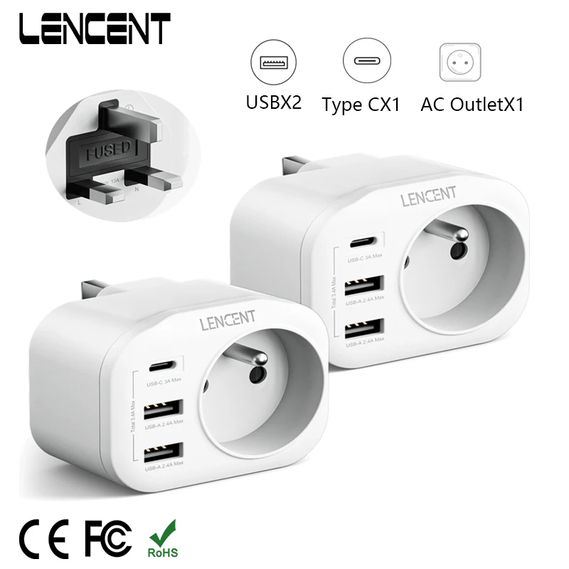 LENCENT 2 حزمة FR إلى المملكة المتحدة محول السفر مع 1 مخرج تيار متردد 2 منافذ USB و 1 نوع C 4 في 1 محول الجدار شاحن للمنزل/السفر