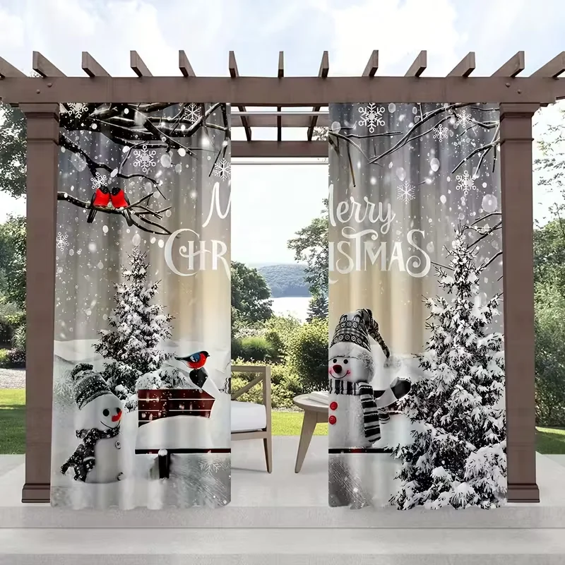 2pcs Snowman & Merry Christmas Curtains Winter Design Polyester Window Decor for Holiday Living Room Bedroom Rod Pocket Curtains