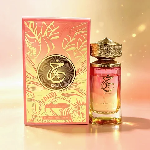 Paris Corner Khair Peach Delulu EDP 100ml Top: Peach, Guava, Nectarine Middle: Ginger, Cardamom Base: Caramel, Musk, Dry Wood Pink Gradient Bottle Fruity Spicy Unisex Perfume