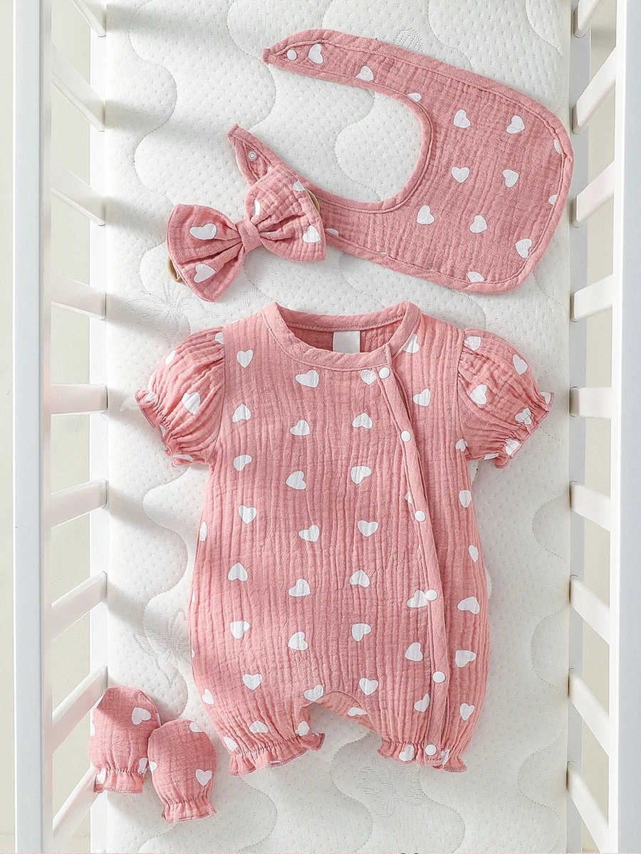 Newborn 4PCS Baby girl Pink Cotton summer simple and cute heart print Casual Fashion jumpsuits  +Headband+Bib+Gloves