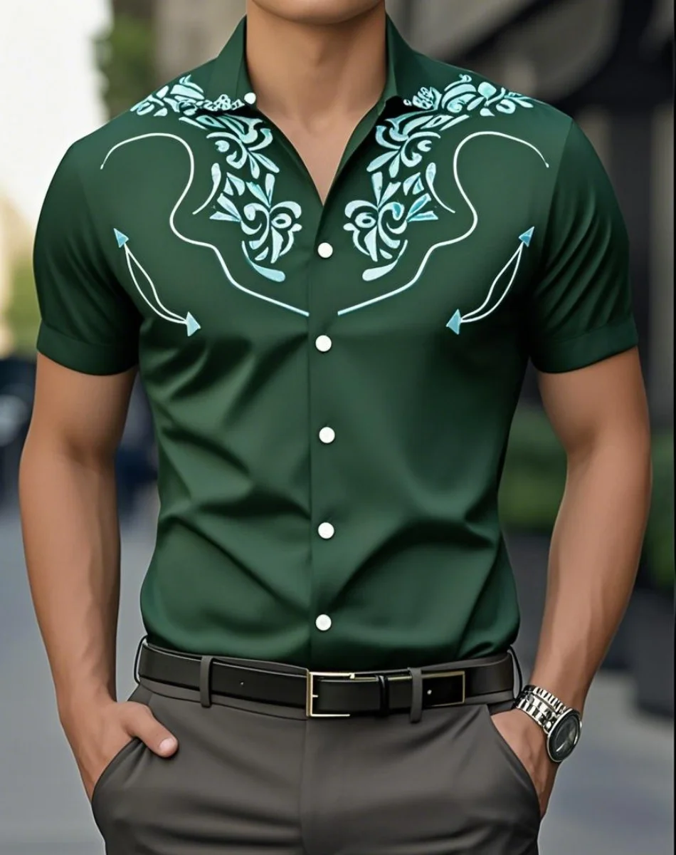 メンズ 3D レトロプリントデニムシャツ、半袖シャツ、アウトドアストリートファッション、クラシックシャツ、新しいシャツ、ウエスタンシャツ