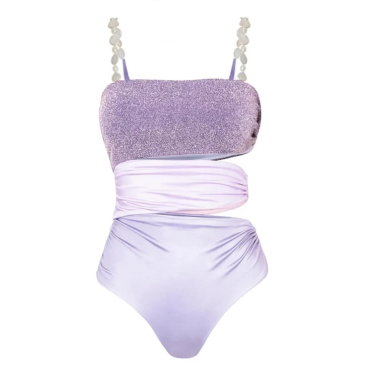 Bañador de una pieza con correa de hombro para mujer, traje de baño con textura brillante y falda, ropa de playa, 2024